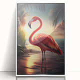Framed wall art featuring a vibrant flamingo design in a modern acrylic frame, showcasing a tropical aesthetic with a white background, perfect for home decor.