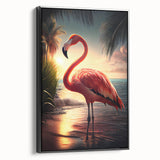 Framed canvas wall art featuring a vibrant flamingo design in shades of pink and green, set against a sleek black frame, perfect for modern decor.