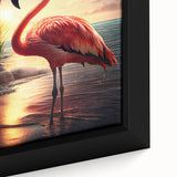 Framed canvas close-up showcasing a vibrant flamingo design in a tropical setting, perfect for enhancing modern home decor with a touch of elegance and color.