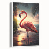 Framed wall art featuring a stylish flamingo design on canvas, elegantly displayed with a white border, ideal for modern home decor. The artwork's vibrant colors and intricate details enhance any living space, making it a perfect choice for nature lovers and art enthusiasts.