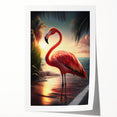 Vibrant flamingo wall art print showcasing pink flamingos in a tropical setting, ideal for home decor or beach-themed interiors, rolled for easy framing.