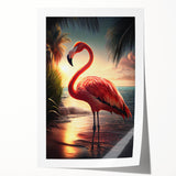 Vibrant flamingo wall art print showcasing pink flamingos in a tropical setting, ideal for home decor or beach-themed interiors, rolled for easy framing.