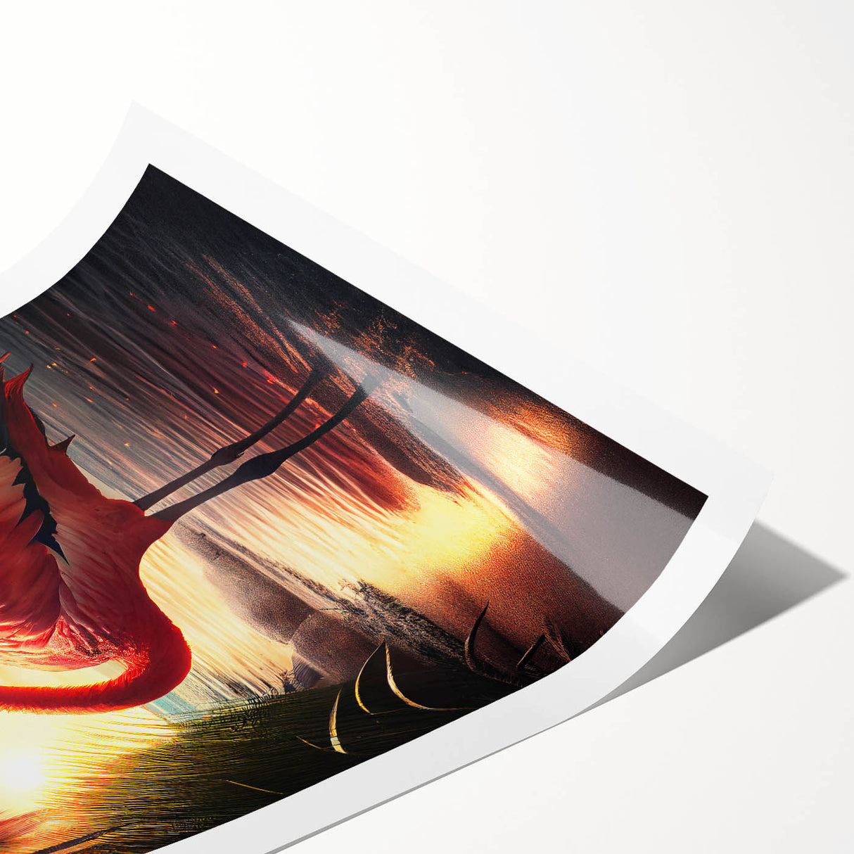 Flamingo-themed wall art print showcasing vibrant pink and orange hues, elegantly rolled for easy display, perfect for tropical decor enthusiasts.