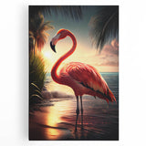 Vibrant flamingo wall art design on stretched canvas, showcasing pink and green hues, perfect for adding a tropical touch to modern home decor.