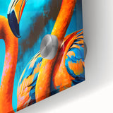 Close-up of a vibrant flamingo-themed wall art design printed on acrylic glass, showcasing intricate details and bright colors, perfect for modern home decor.