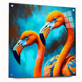 Acrylic glass wall art collection featuring a vibrant flamingo design, displayed from a side view with decorative pins, perfect for adding a tropical touch to home decor.