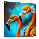 Acrylic glass wall art collection featuring a vibrant flamingo design, displayed from a side view with decorative pins, perfect for adding a tropical touch to home decor.