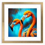 Framed wall art showcasing a vibrant flamingo design with a stylish gold frame and mat, perfect for home décor or an artistic touch in any space.