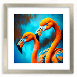 Framed wall art featuring a stylish flamingo design in vibrant colors, complete with a silver mat, perfect for enhancing modern home decor or office spaces.