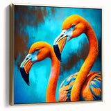 Framed wall art showcasing a vibrant flamingo design with gold accents, ideal for enhancing modern decor; side view highlights its elegant frame.