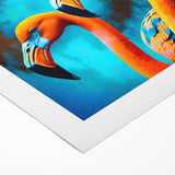 Flamingo wall art design on rolled canvas, showcasing vibrant pink and green hues against a serene background, perfect for home decor.