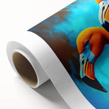 Flamingo-themed wall art design printed on rolled canvas, showcasing vibrant pink and green colors with a tropical aesthetic, ideal for home decor.