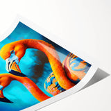 Vibrant flamingo wall art print showcasing a tropical design with pink and green hues, rolled for easy framing and display in home decor.