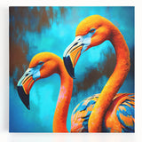 Stretched canvas wall art featuring a vibrant flamingo design with tropical colors, ideal for adding a lively touch to home decor or office interiors.