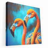 Flamingo wall art design on stretched canvas, showcasing vibrant pink and green colors, perfect for adding a tropical touch to any room decor.