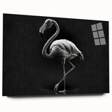 Flamingo-themed wall art collection displayed in acrylic glass, showcasing vibrant pink and green colors against a minimalist white background, perfect for modern decor.