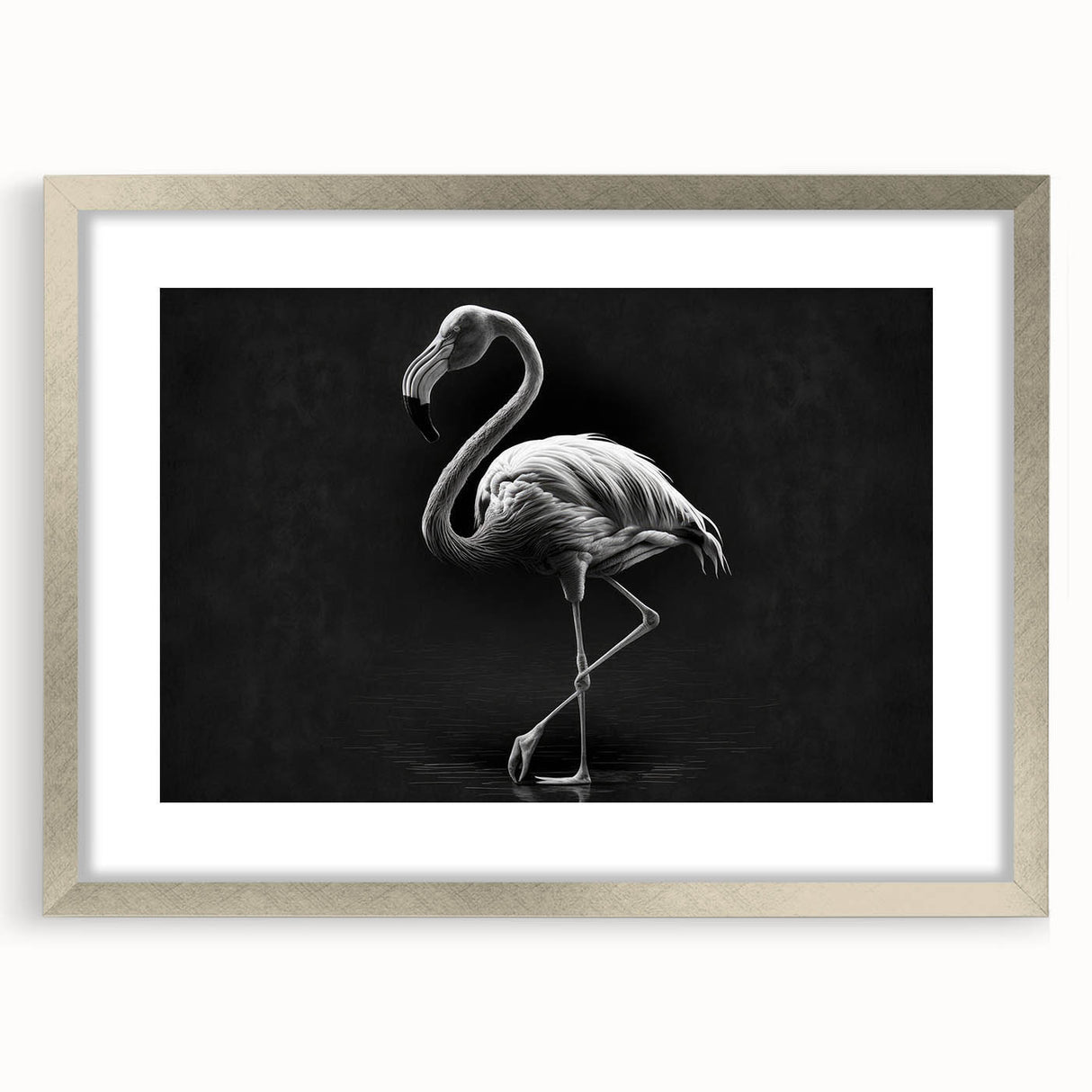 Framed wall art featuring a vibrant flamingo design with a silver mat, showcasing a tropical aesthetic ideal for modern home decor, enhancing any living space.