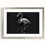 Framed wall art featuring a vibrant flamingo design with a silver mat, showcasing a tropical aesthetic ideal for modern home decor, enhancing any living space.