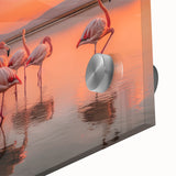 Close-up of a vibrant flamingo-themed wall art design on acrylic glass, showcasing intricate details and vivid colors, perfect for tropical decor enthusiasts.