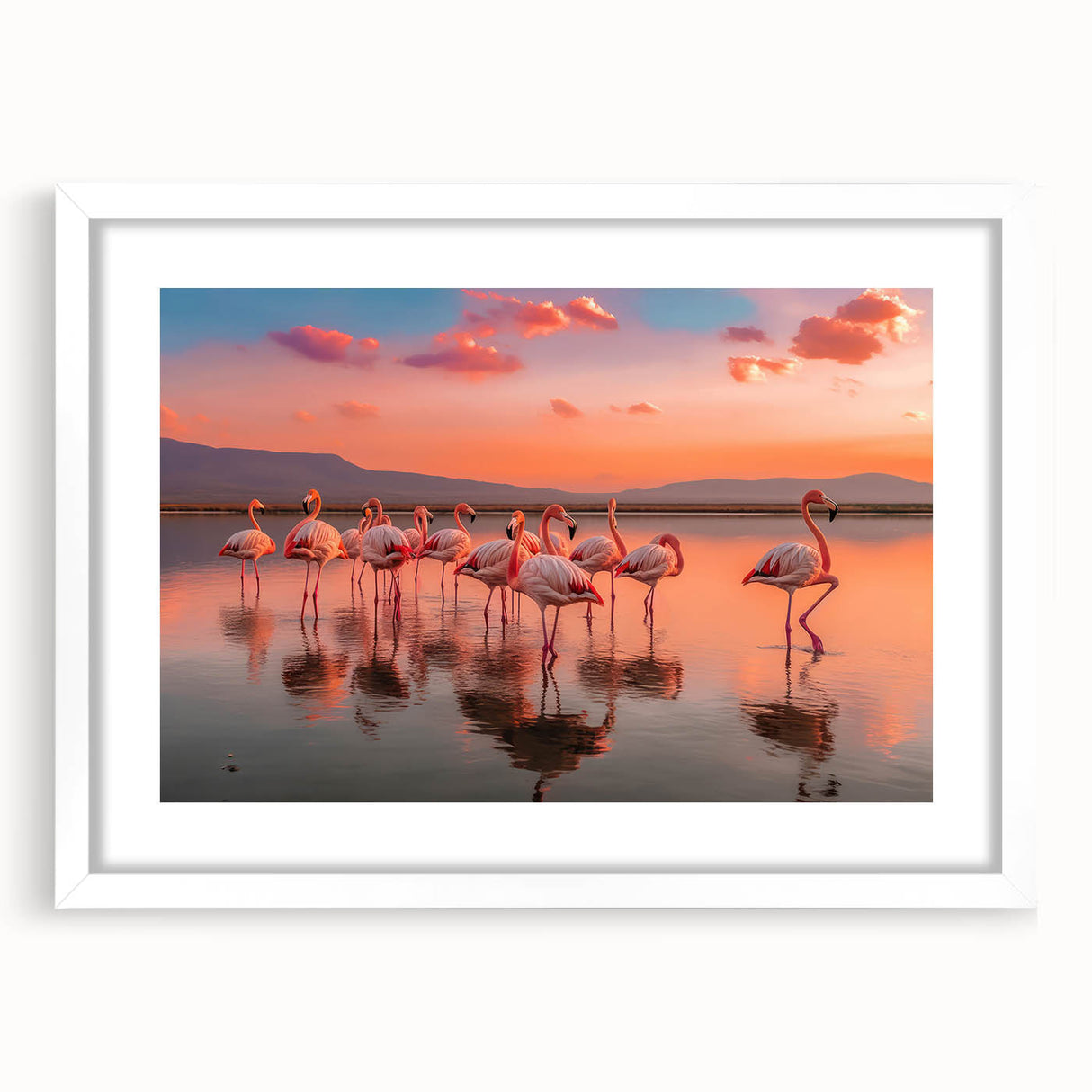 Flamingo-themed wall art collection framed with a white mat, showcasing vibrant colors and elegant design, perfect for enhancing modern home decor.