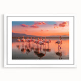 Flamingo-themed wall art collection framed with a white mat, showcasing vibrant colors and elegant design, perfect for enhancing modern home decor.