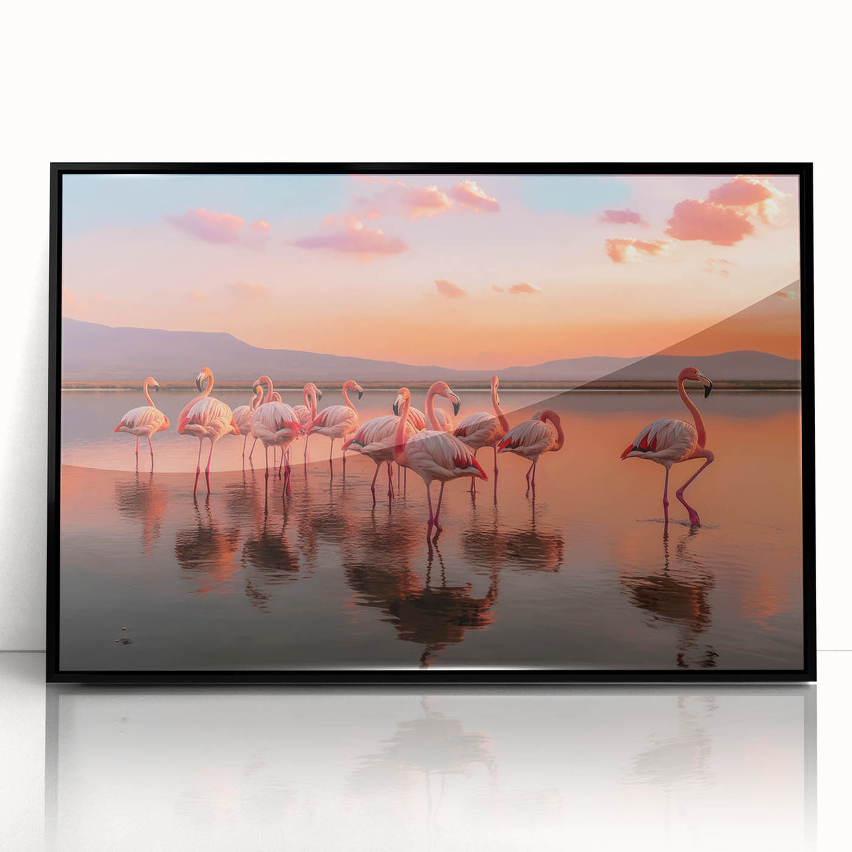 Framed wall art featuring a vibrant flamingo design on a black background, showcasing a modern aesthetic with acrylic finish, perfect for home decor enthusiasts.