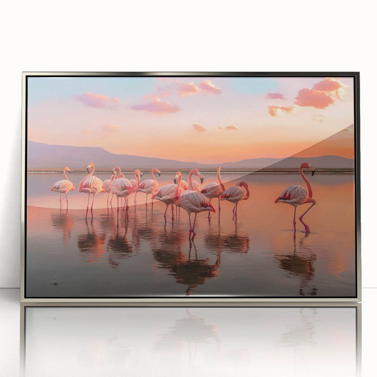 Framed acrylic wall art featuring a vibrant flamingo design with a silver frame, perfect for adding a tropical touch to modern home decor.