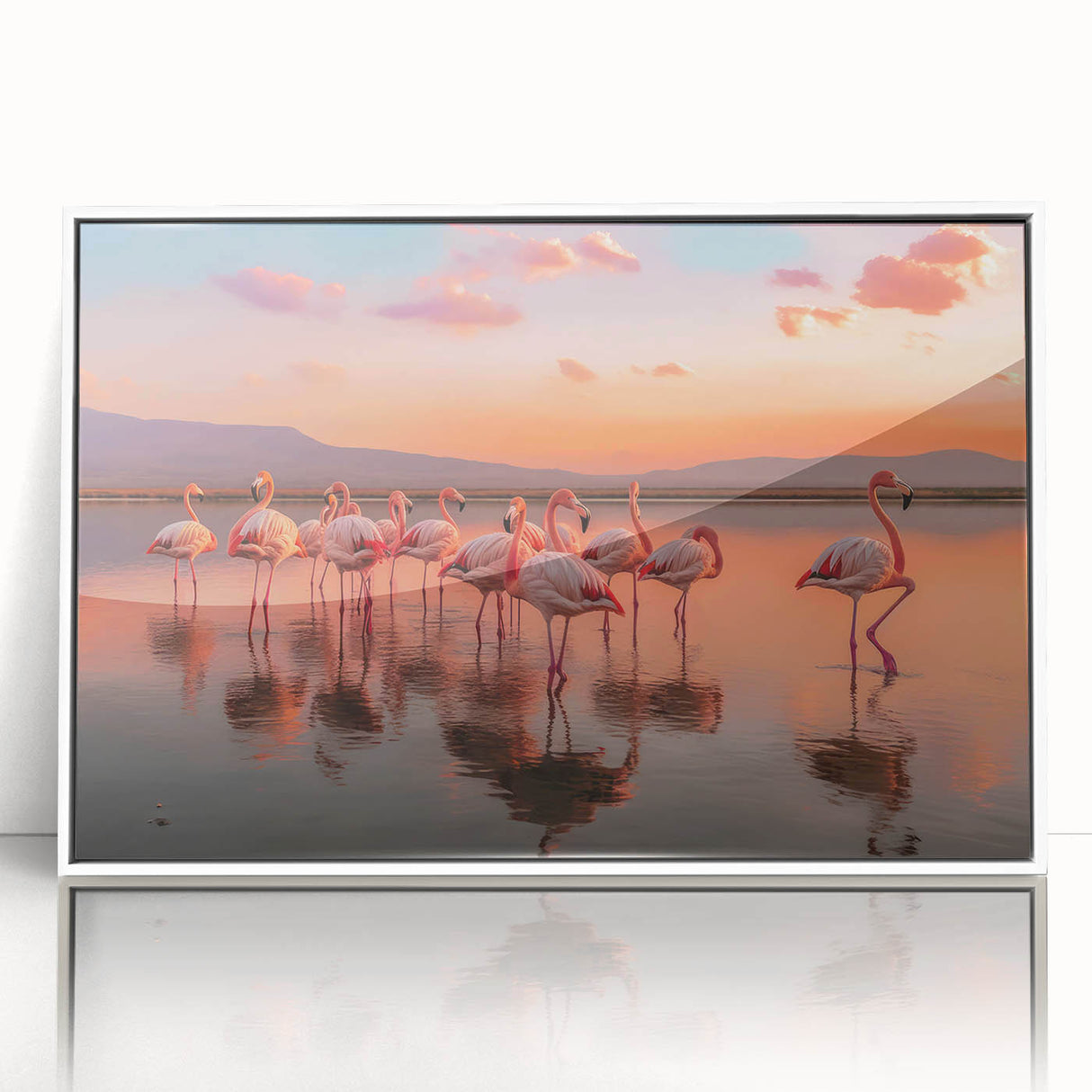 Framed acrylic wall art featuring a vibrant flamingo design, showcasing a white frame with a modern aesthetic, perfect for enhancing contemporary decor.