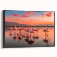 Framed canvas wall art showcasing a vibrant flamingo design in a black frame, ideal for modern decor, enhancing any living space with a tropical vibe.