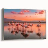 Framed canvas wall art showcasing a vibrant flamingo design in shades of pink and blue, elegantly presented with a sleek silver frame for modern decor. Ideal for enhancing living spaces or art collections.