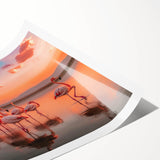 Flamingo-themed wall art print featuring vibrant pink and green colors, showcasing a tropical design ideal for home decor. Perfect for adding a touch of nature-inspired elegance to any room.