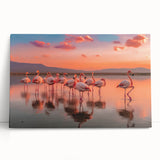 Stretched canvas wall art featuring a vibrant flamingo design in pink and green hues, elegantly leaning against a wall, ideal for tropical-themed decor.
