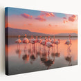 Vibrant flamingo wall art design on stretched canvas, showcasing colorful tropical birds against a serene backdrop, perfect for enhancing modern home decor.
