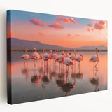 Vibrant flamingo wall art design on stretched canvas, showcasing colorful tropical birds against a serene backdrop, perfect for enhancing modern home decor.