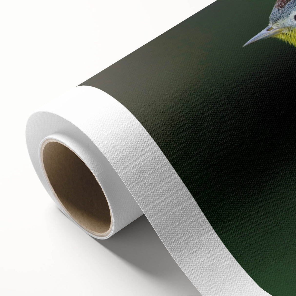 Colorful rolled canvas featuring a vibrant garden birds design, showcasing various species perched among lush greenery, ideal for nature-themed decor and wall art collections.