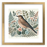 Framed wall art collection showcasing a vibrant garden birds design with a gold mat, enhancing home decor with colorful avian illustrations and elegant framing.