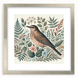 Framed wall art featuring a stylish garden birds design in vibrant colors, set in a sleek silver frame with a mat, ideal for home decor enhancement.