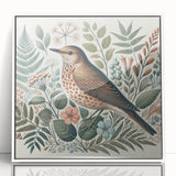 Framed wall art showcasing a vibrant garden birds design, featuring colorful illustrations of various bird species against a white background, perfect for nature lovers.