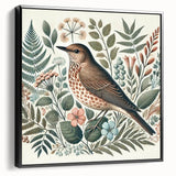 Framed canvas wall art showcasing a vibrant garden bird design, featuring colorful songbirds and lush foliage, presented in a sleek black frame for modern decor.