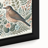 Framed canvas wall art featuring a vibrant garden scene with colorful birds perched among lush greenery, showcasing intricate details and textures, perfect for home decor.