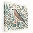 Stretched canvas wall art depicting colorful garden birds in a vibrant design, showcasing intricate details and a side view of the artwork, perfect for home decor.