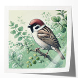 Colorful collection of garden bird wall art prints displayed in a mockup set, featuring various bird species on glossy backgrounds, ideal for home decor.