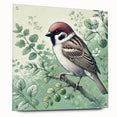 Acrylic glass wall art featuring a vibrant garden birds design, displayed from a side view with pins. The artwork showcases colorful bird illustrations in a natural setting, perfect for home decor enthusiasts.