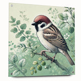 Acrylic glass wall art featuring a vibrant garden birds design, displayed from a side view with pins. The artwork showcases colorful bird illustrations in a natural setting, perfect for home decor enthusiasts.