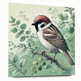 Colorful acrylic wall art showcasing a collection of garden birds in a vibrant design, displayed in a stylish side view without pins, ideal for home decor.
