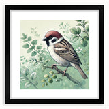 Framed wall art featuring a vibrant design of garden birds, set in a sleek black frame with a mat, perfect for home decor enthusiasts and bird lovers.