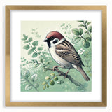 Framed wall art showcasing a vibrant garden birds design with intricate details, featuring a gold frame and mat, perfect for enhancing home decor.