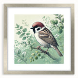 Framed wall art featuring a vibrant garden birds design, showcased in a sleek silver frame with a mat, ideal for enhancing home decor with nature-inspired aesthetics.