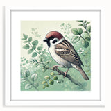 Framed wall art showcasing a vibrant garden birds design, featuring various bird species in colorful detail, with a white mat and frame, ideal for home decor.