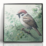 Framed acrylic wall art showcasing a vibrant garden scene with colorful birds, featuring a sleek black frame that enhances the artwork's details and adds elegance to any decor.